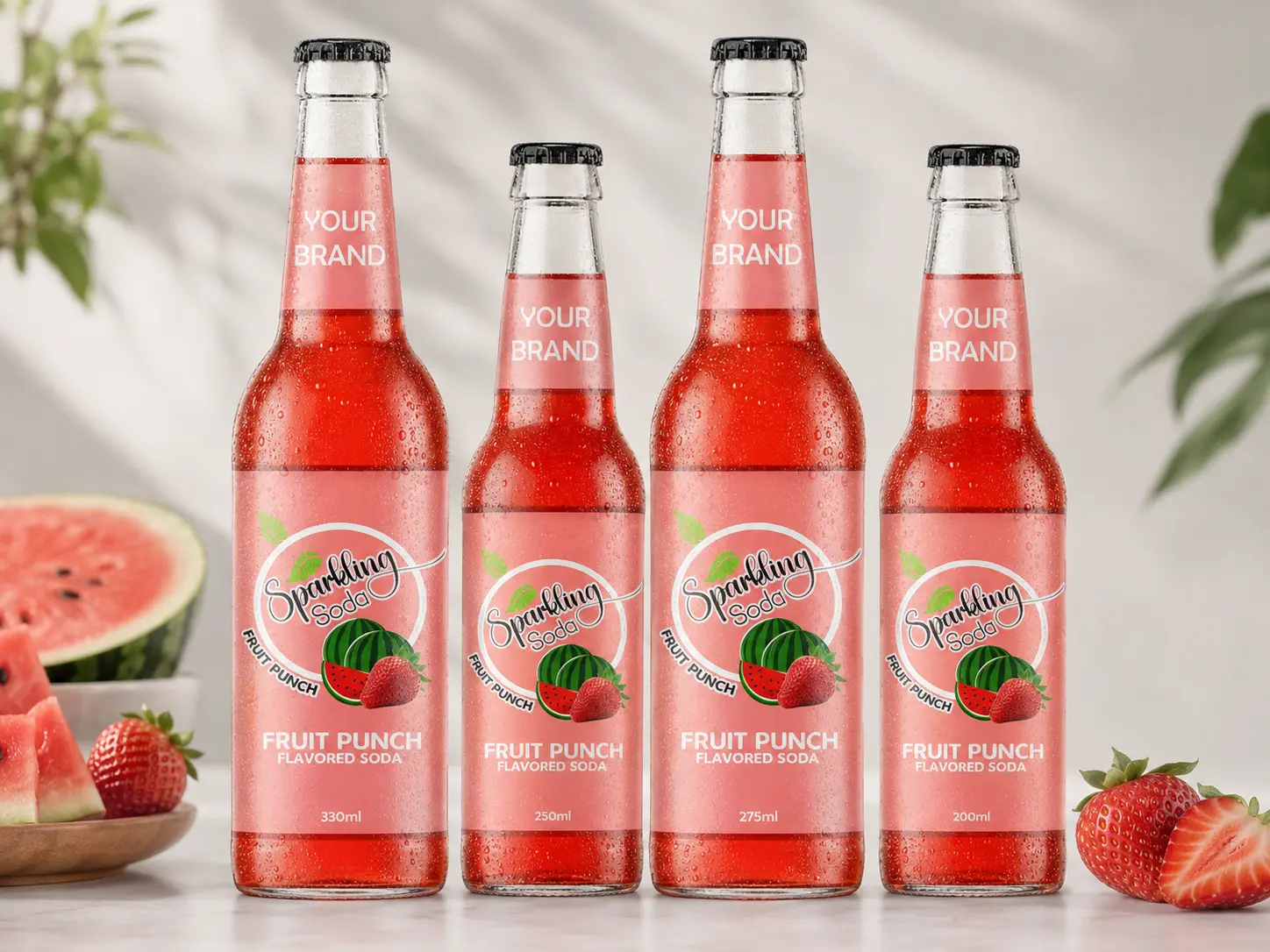 SPARKLING FLAVORED SODA Fruit Punch in 330ml, 250ml, 275ml, and 200ml glass bottles.